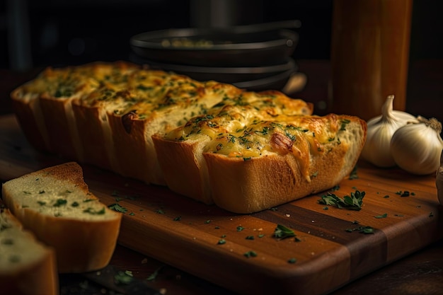 Een door AI gegenereerde illustratie van een heerlijk vers gekookt knoflookbrood op een snijplank