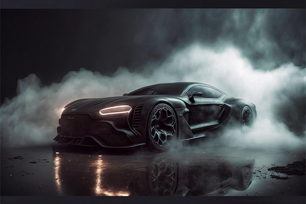 Een door AI gegenereerde illustratie van een luxe futuristische auto met rook op een donkere achtergrond