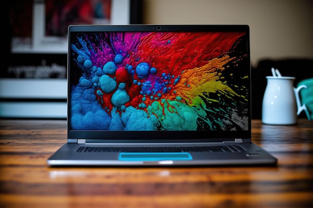 Foto een door ai gegenereerde illustratie van een moderne laptop in een werkomgeving, geplaatst op een houten bureau met een kleurrijke geschilderde achtergrond