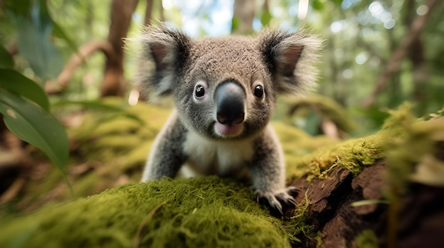 Een door AI gegenereerde illustratie van een schattige baby koala op een met mos bedekte boomstam in zijn natuurlijke leefgebied