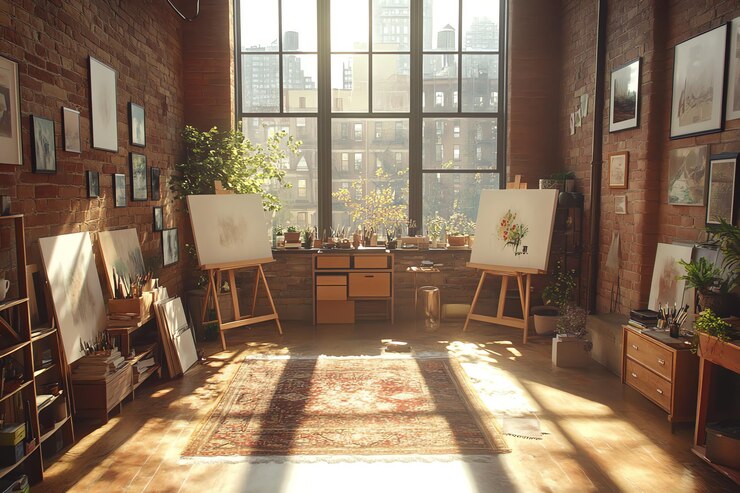 Foto een door de zon verlichte atelier van een kunstenaar met twee easels, doeken en verschillende kunstbenodigdheden met een groot raam en blootgestelde bakstenen muren
