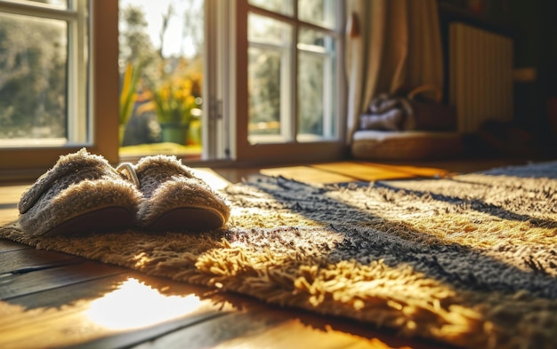 Een door de zon verlichte raam omlijst een paar comfortabele pantoffels op een gezellig tapijt