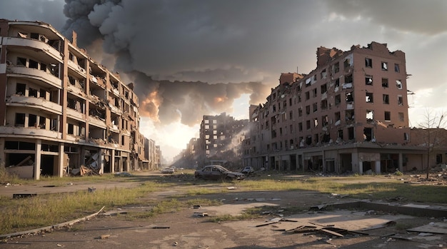 Een door oorlog verscheurde stad met gebouwen in puin en rook die opstijgt uit het barstgebouw op de achtergrond