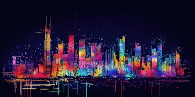 één doorlopende lijn tekening kleurrijke schets losse strepen vlekkerige vrije hand skyline van de stad prachtige generatieve AI AIG32