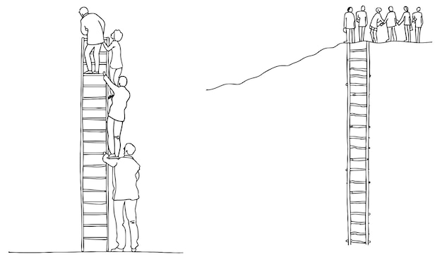 Foto een doorlopende lijn tekening van teamleden ondersteunen hun leider om de ladder te beklimmen om de hemel te bereiken om het succes te bereiken