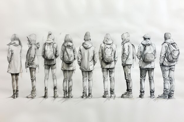 Foto een doorlopende lijn tekening van verschillende mensen die staan