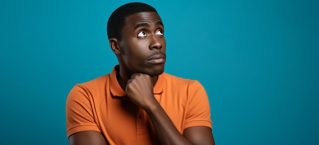 Een doortastende zwarte Afrikaanse man gekleed in oranje shirt op een blauwe studioachtergrond met kopieerruimte