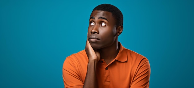 Een doortastende zwarte Afrikaanse man gekleed in oranje shirt op een blauwe studioachtergrond met kopieerruimte