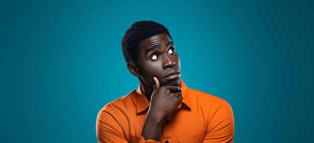 Een doortastende zwarte Afrikaanse man gekleed in oranje shirt op een blauwe studioachtergrond met kopieerruimte