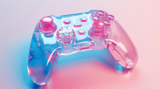 Foto een doorzichtige blauwe en roze videospelcontroller rust op een roze en blauwe oppervlakte