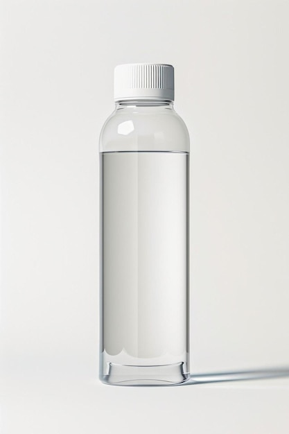 Foto een doorzichtige fles met een witte dop op een wit oppervlak