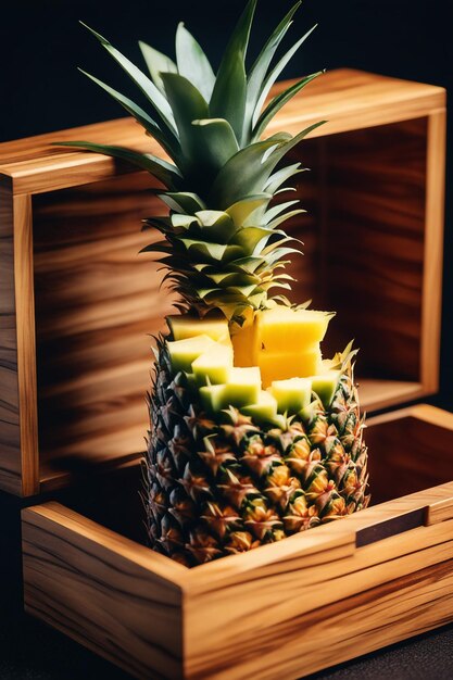 Foto een doos ananas geïsoleerd op wodeen achtergrond