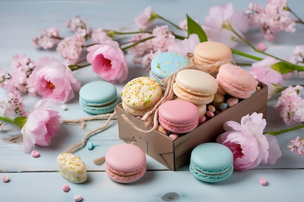 Een doos bitterkoekjes en bloemen op een houten tafel