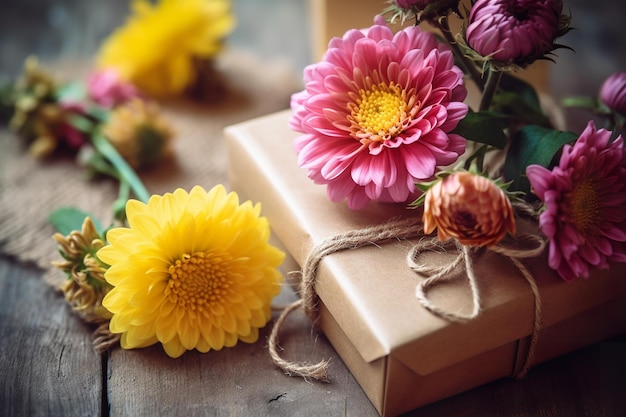 Een doos bloemen staat naast een cadeau met de tekst 'gelukkige verjaardag'