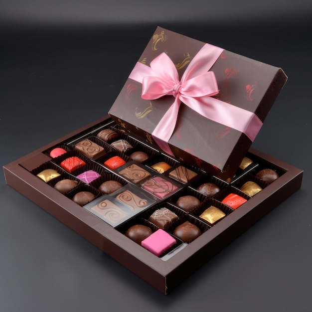 Een doos chocolaatjes met een roze strik staat op een donkere achtergrond.