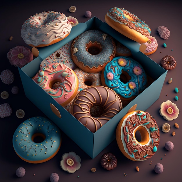 Een doos donuts met verschillende smaken en een daarvan heeft een blauwe doos met verschillende smaken.