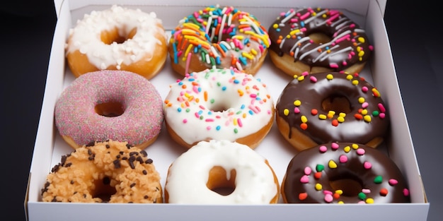 Een doos donuts met verschillende smaken waaronder hagelslag en chocolade.