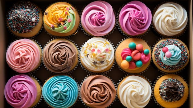 Een doos gevuld met heel veel verschillende kleuren cupcakes