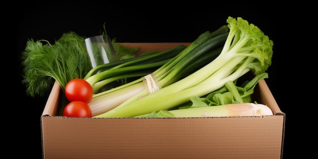 Een doos groenten met een bosje groene uien en tomaten.
