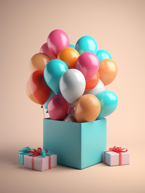 Een doos met ballonnen met een geschenkdoos aan de zijkant.