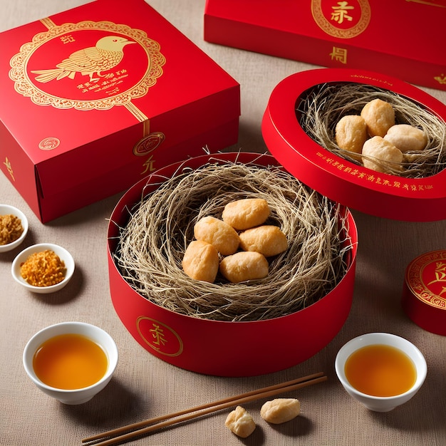 Foto een doos met chinees eten met een rood logo erop