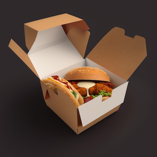Een doos met een hamburger en wat ander eten erin