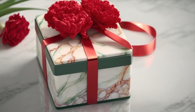 Een doos met een rood lint en een rode bloem erop