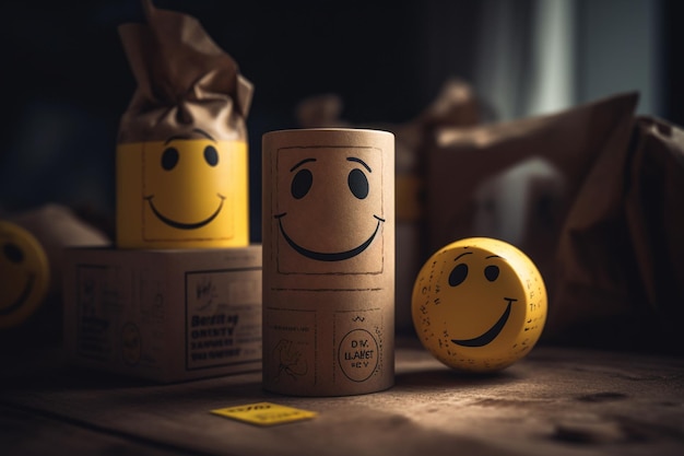 Een doos met een smiley staat op een tafel naast een gele bal.