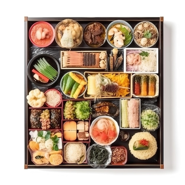 Een doos met een verscheidenheid aan voedsel, waaronder rijst, rijst en ander voedsel.