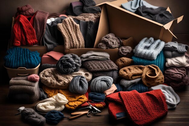 Foto een doos met gebreide wol en hoeden