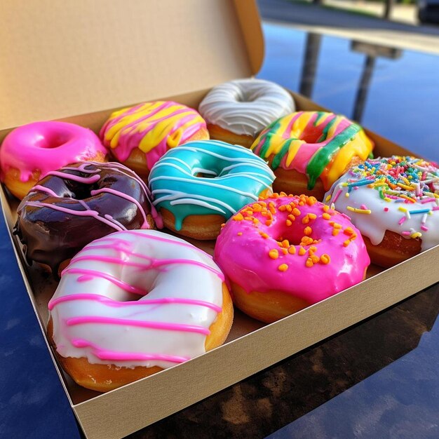 een doos met geselecteerde donuts op een tafel