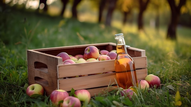 Een doos met rijpe appels en een fles appelsap of appelcider op een natuurachtergrond