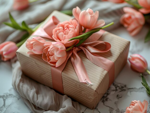 Een doos met roze bloemen zit op een tafel.