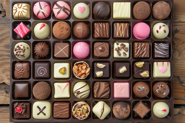 Een doos met verschillende soorten chocolade met verschillende smaken en kleuren