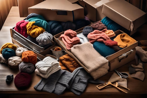 Foto een doos met wol wol en breien naalden staan op een tafel