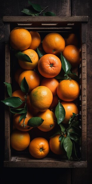 Een doos sinaasappelen met bladeren aan de zijkant