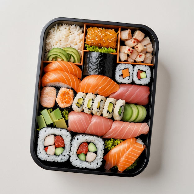 een doos sushi met een die sushi erop heeft