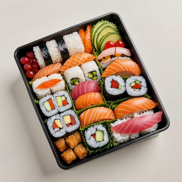 een doos sushi met een die sushi erop heeft
