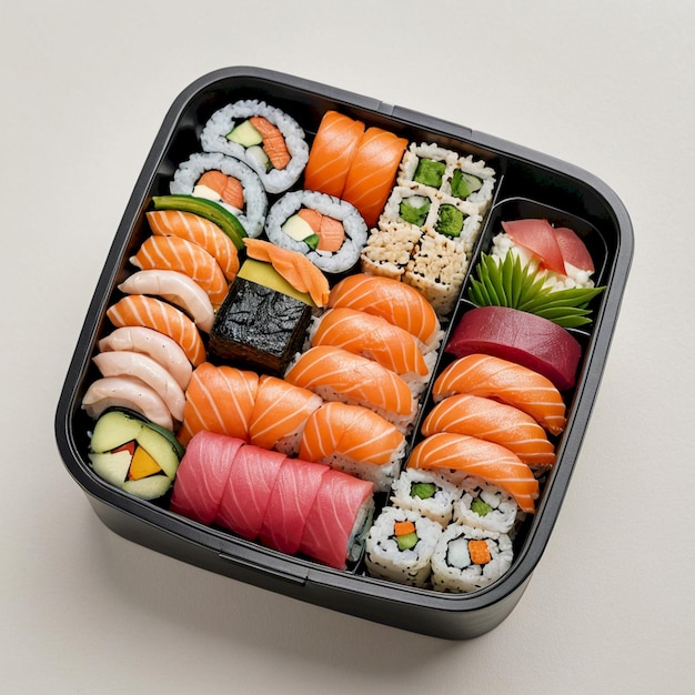 een doos sushi met een die sushi erop heeft