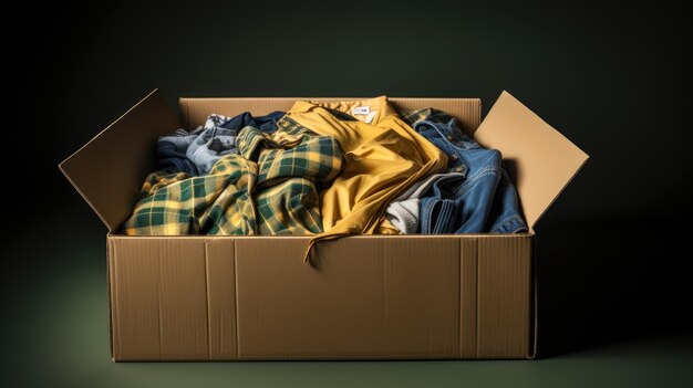 Foto een doos vol kleding klaar voor donatie en hergebruik ter bevordering van het idee van duurzame en liefdadige mode keuzes