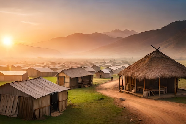 Een dorp in de bergen bij zonsondergang