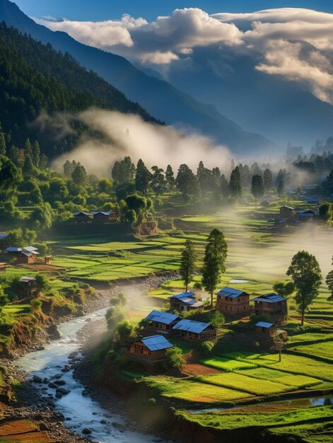 een dorp in de bergen met een rivier en huizen.