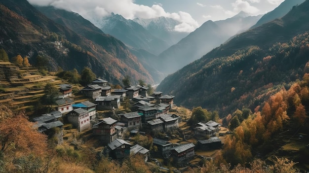 Een dorp in de bergen met een rivier op de achtergrond