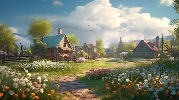 Een dorp met een blauwe lucht en bloemen