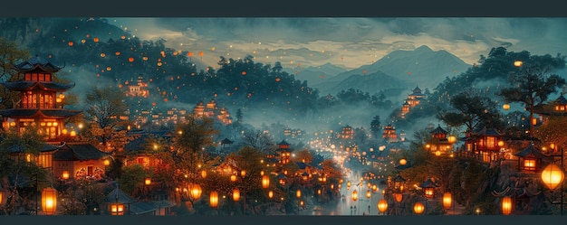 Een dorp verlicht door lantaarns Families Wallpaper