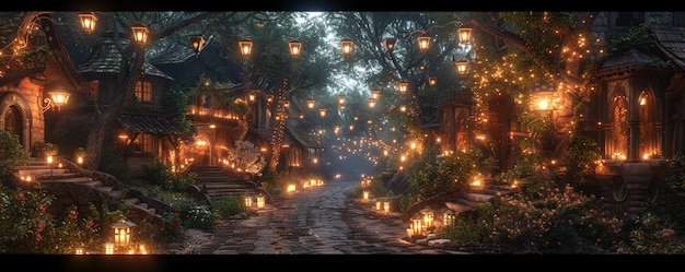 Een dorpsplein verlicht door lantaarns als achtergrond