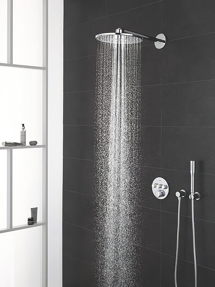 Foto een douche kop met een douche hoofd en een douchekop
