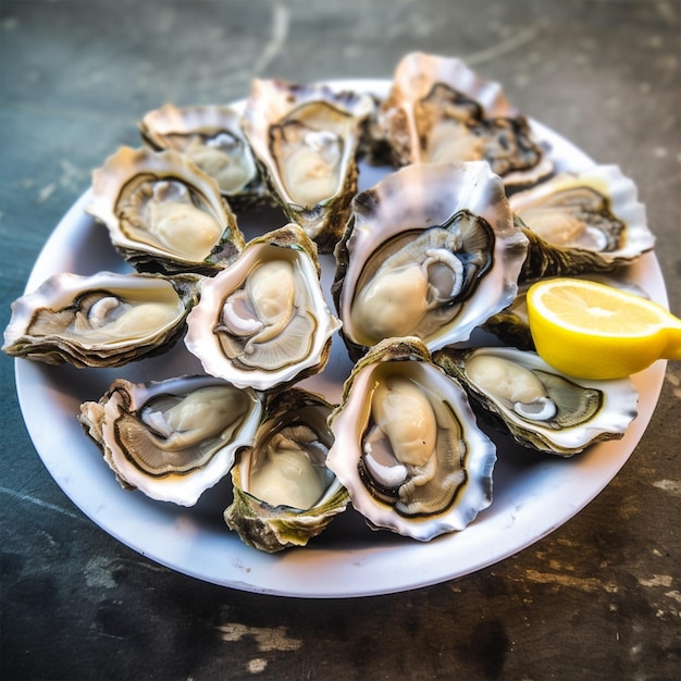 Een dozijn oesters op een plastic bord