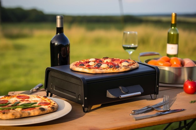Een draagbare pizza oven in gebruik bij een picknick