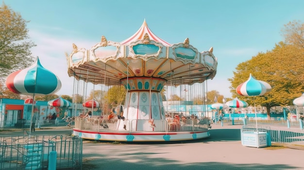 Een draaimolen met een blauw-witte bovenkant en het woord carrousel erop